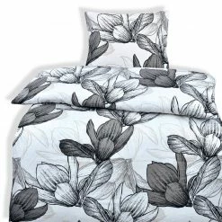 Renforcé-Bettwäsche - weiß-grau - Blumen - 135x200 cm
