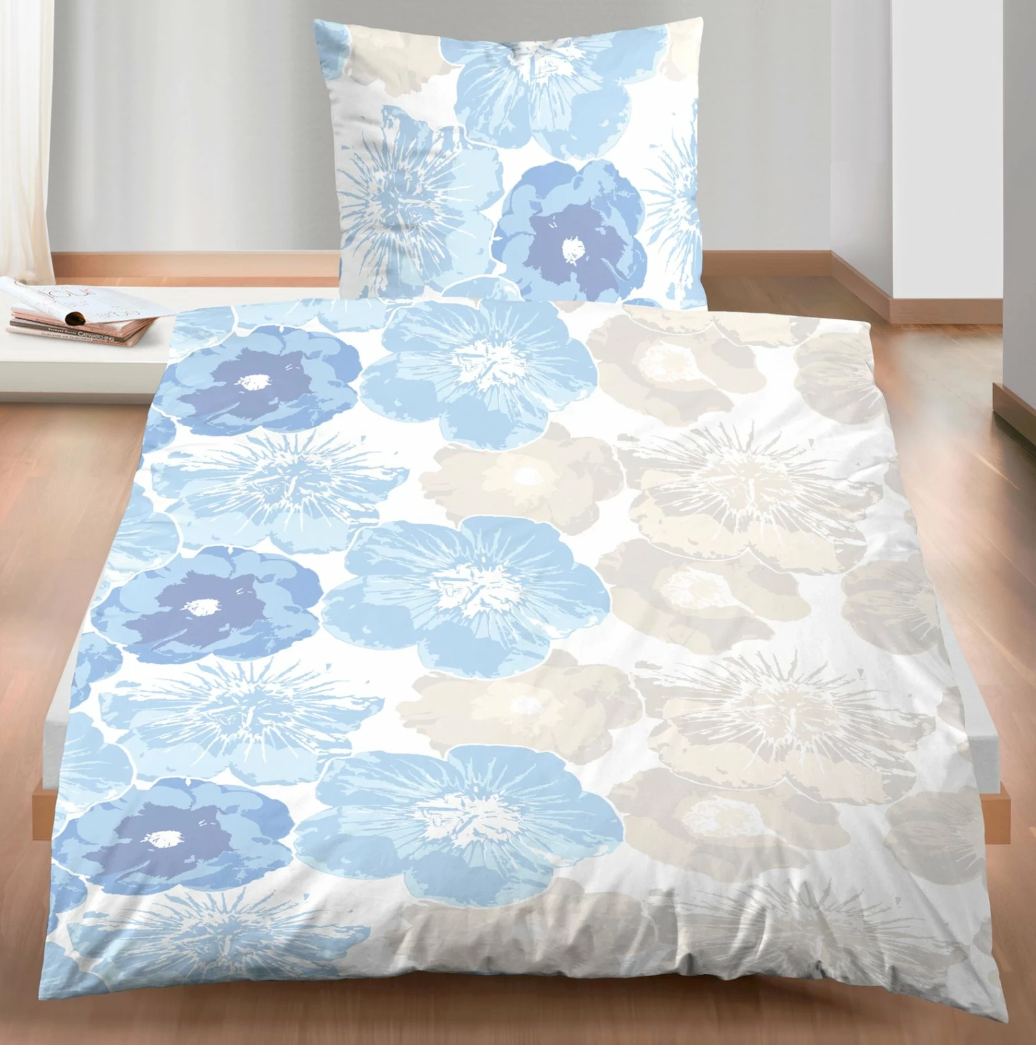 Biber-Bettwäsche - blau - Blumen - 135x200 cm 4 Biber-Bettwäsche - blau - Blumen - 135x200 cm – Bild 2