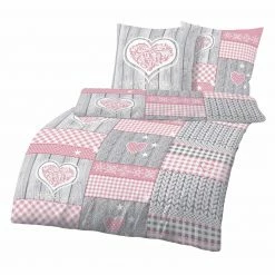 Biber-Bettwäsche - rosa-grau - 135x200 cm