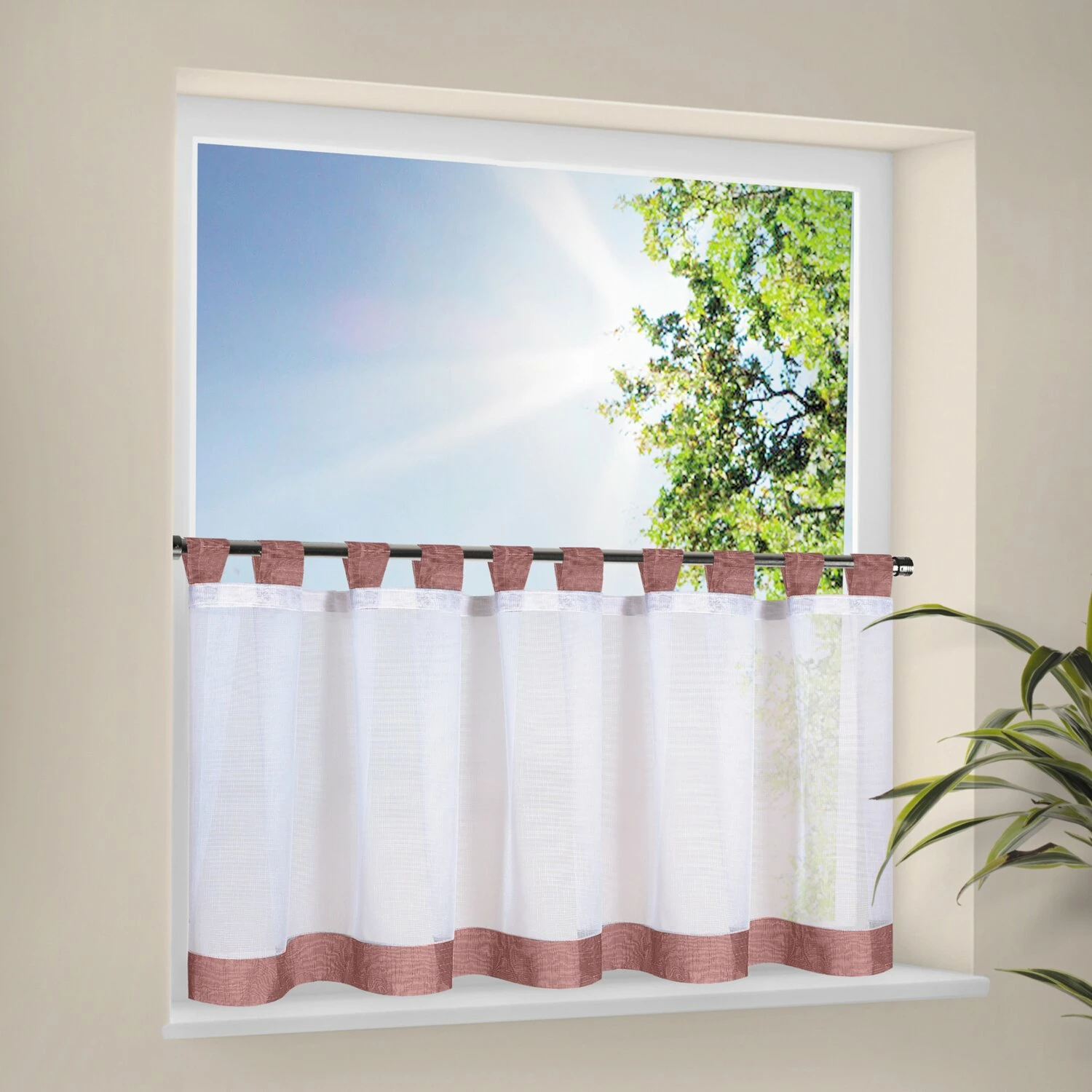 Schlaufen-Bistrogardine - weiß-bordeaux - 150x50 cm 3 Schlaufen-Bistrogardine - weiß-bordeaux - 150x50 cm