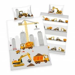 Flanell-Bettwäsche BAUSTELLE - weiß-grau - 100x135 cm