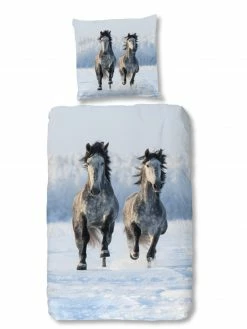 Biber-Bettwäsche - Pferde - grau - 135x200 cm