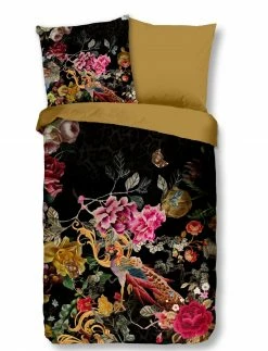 Bettwäsche - senf-schwarz - floral - 135x200 cm