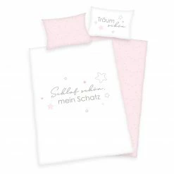 Renforcé-Babybettwäsche KLEINER SCHATZ - weiß-pink - 100x135 cm