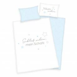 Renforcé-Baby-Bettwäsche KLEINER SCHATZ - weiß-blau - 100x135 cm